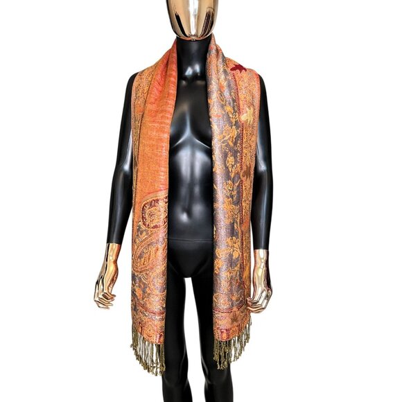 Rust Orange Pashmina Silk Blend Oversized Scarf Wrap Shawl - Picture 2 of 9